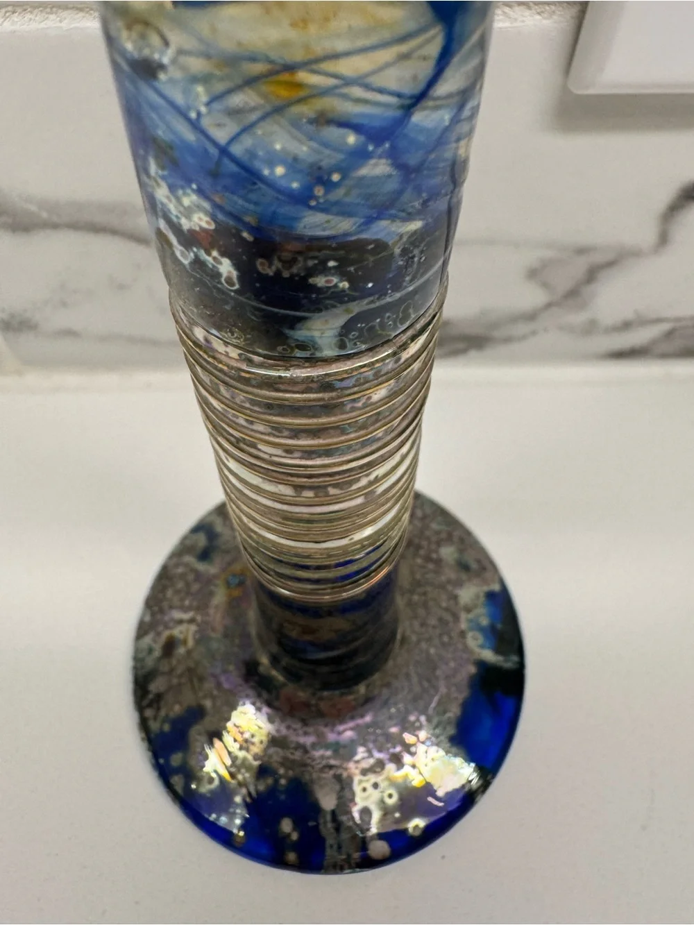 Signed Princ Art Glass Czechoslovakia Chalice Goblet Cobalt Pulled Feather